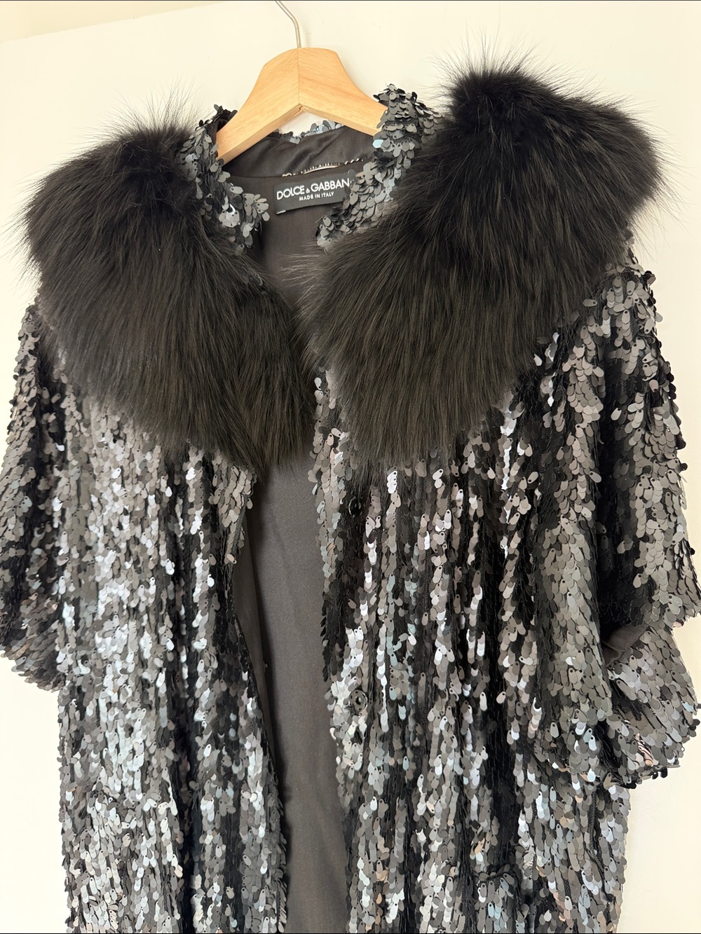 Dolce & Gabbana Silver Sequin Jacket with Black Fur Collar